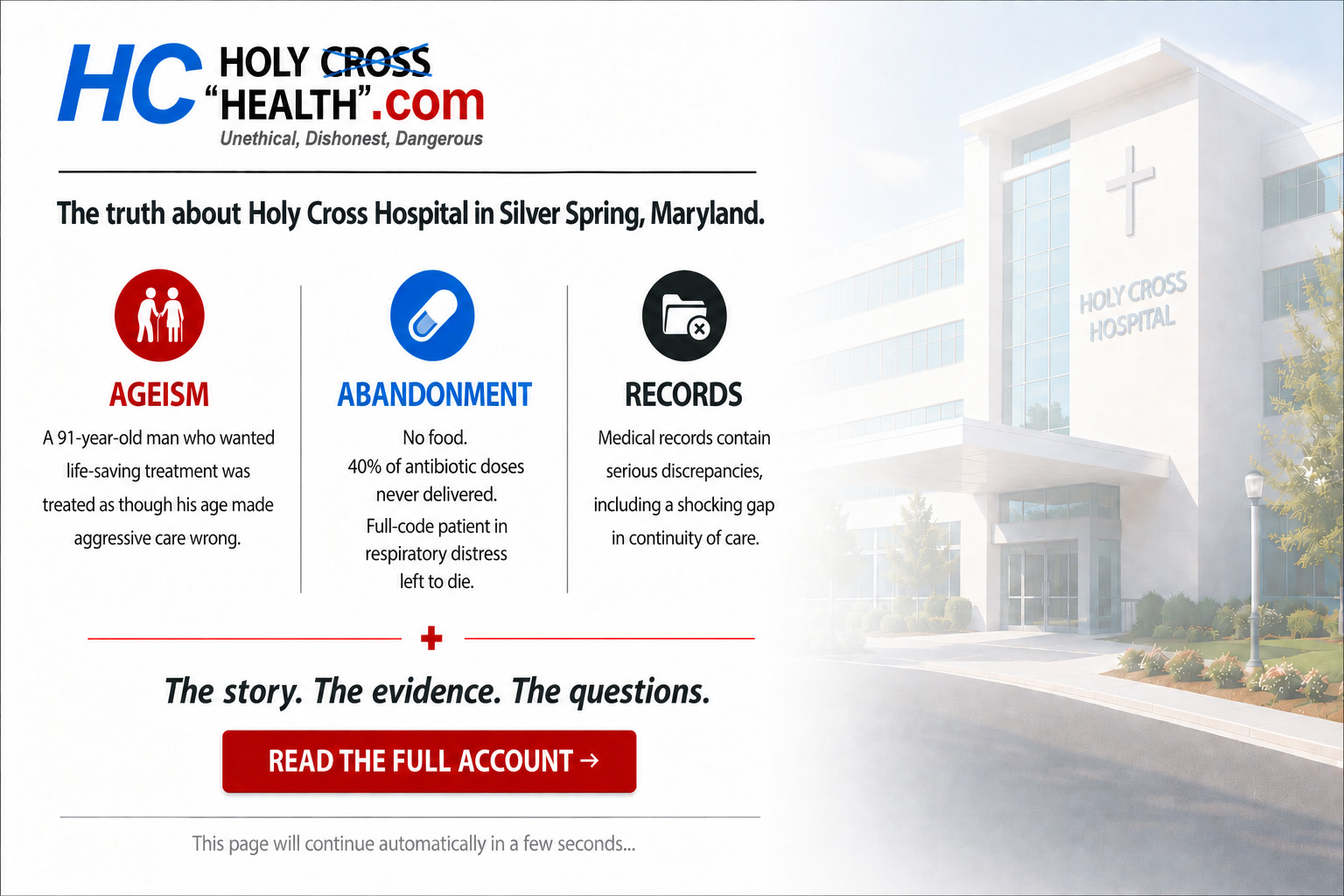 Opening graphic highlighting ageism, patient abandonment, and record falsification at Holy Cross Hospital in Silver Spring, Maryland.